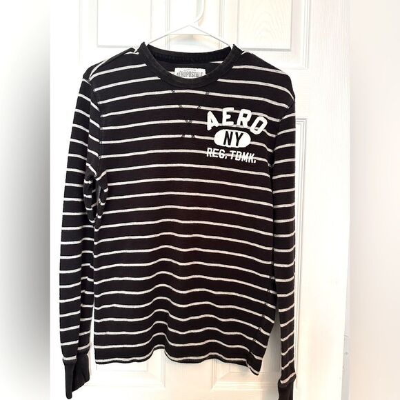 AEROPOSTALE Boys Young Men’s Navy and Gray Stripe Long Sleeve Shirt Size Medium - Picture 1 of 3